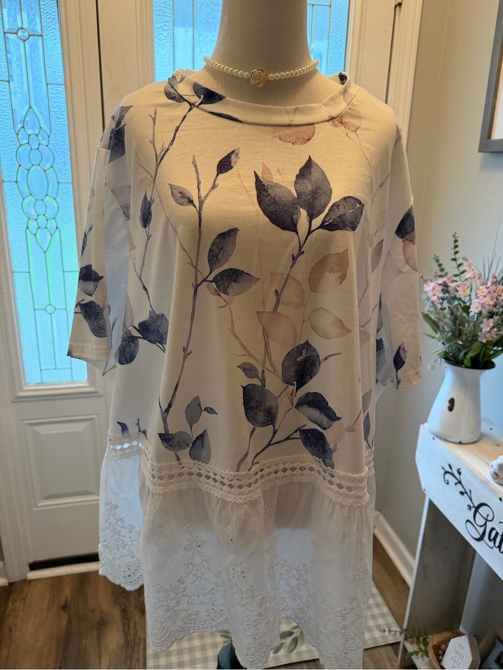 Floral Lace-Hem Women’s Top in Cream and Navy